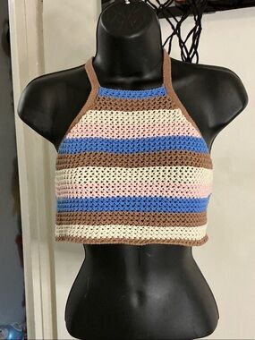 Streetwear Society Striped Crochet Halter Crop Top - Brown, Blue, Pink, Cream